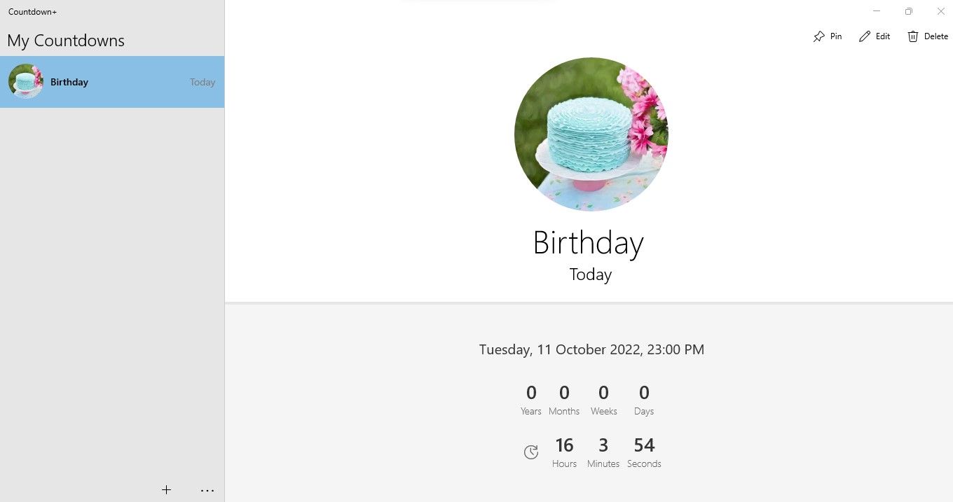 Interface de l'application Countdown+ affichant le compte à rebours d'anniversaire