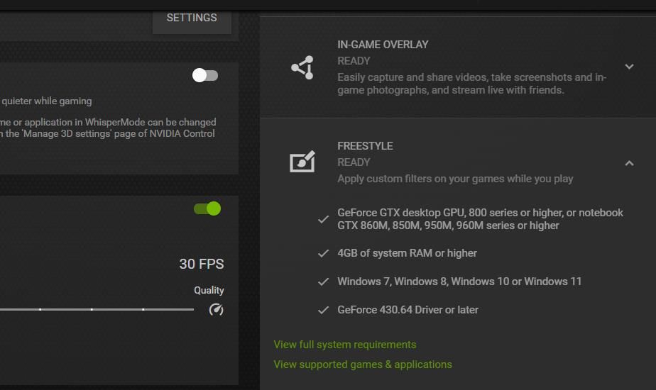 La boîte de configuration requise pour Freestyle dans GeForce Experience