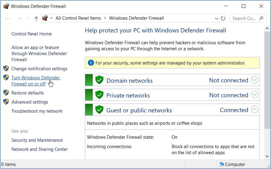 Sélection de l'option Activer ou désactiver le pare-feu Defender sous Windows