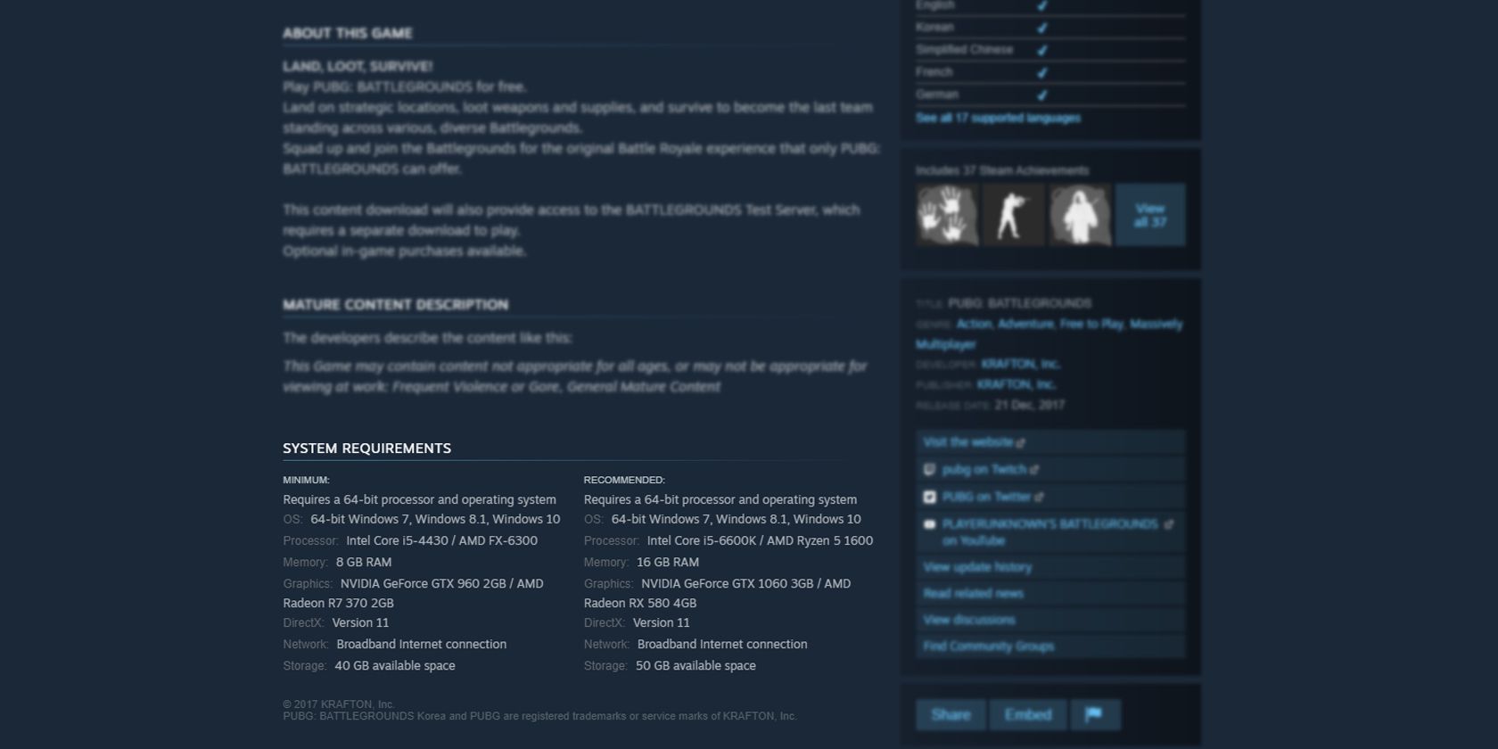 Capture d'écran de la configuration système requise pour le jeu Steam