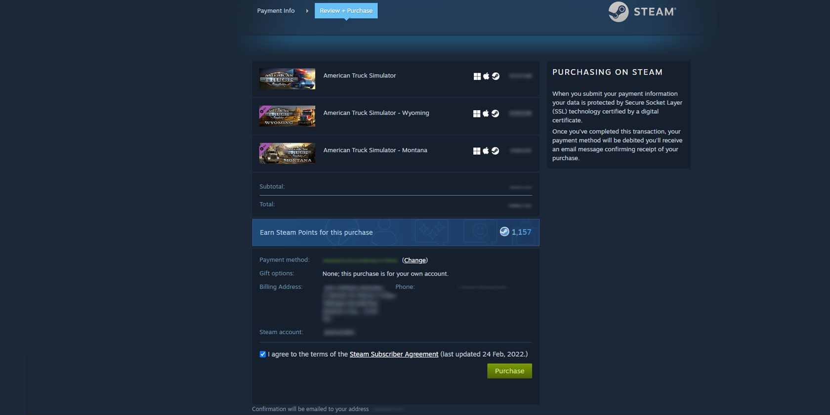 Capture d'écran de la page de confirmation d'achat Steam