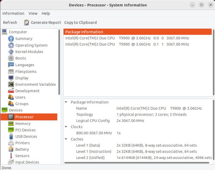 Vérifier la fréquence du processeur de contrôle Sous-menu du processeur Ubuntu 09 Hardinfo