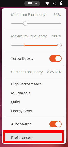 Vérifier la fréquence du processeur de contrôle Préférences du gestionnaire d'alimentation du processeur Ubuntu 16