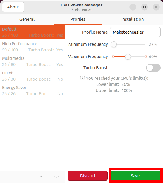 Vérifier la fréquence du processeur de contrôle Ubuntu 19 Enregistrer le nouveau profil