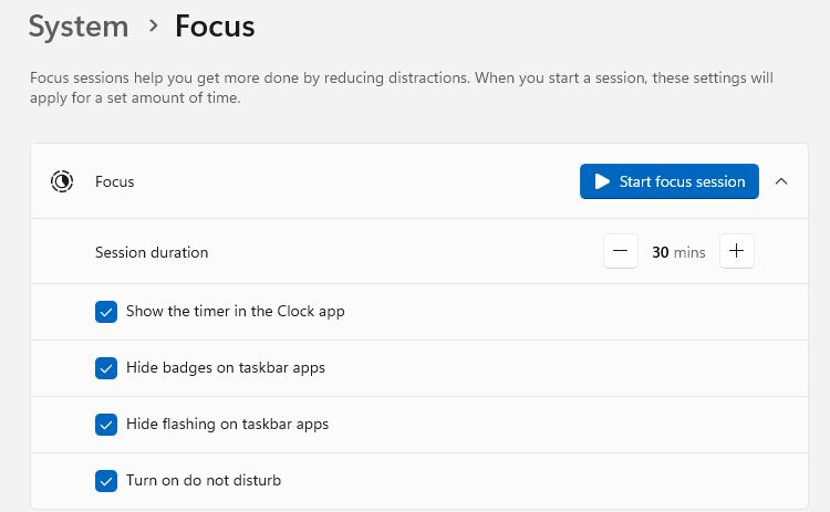 Paramètres des sessions Focus dans Windows 11