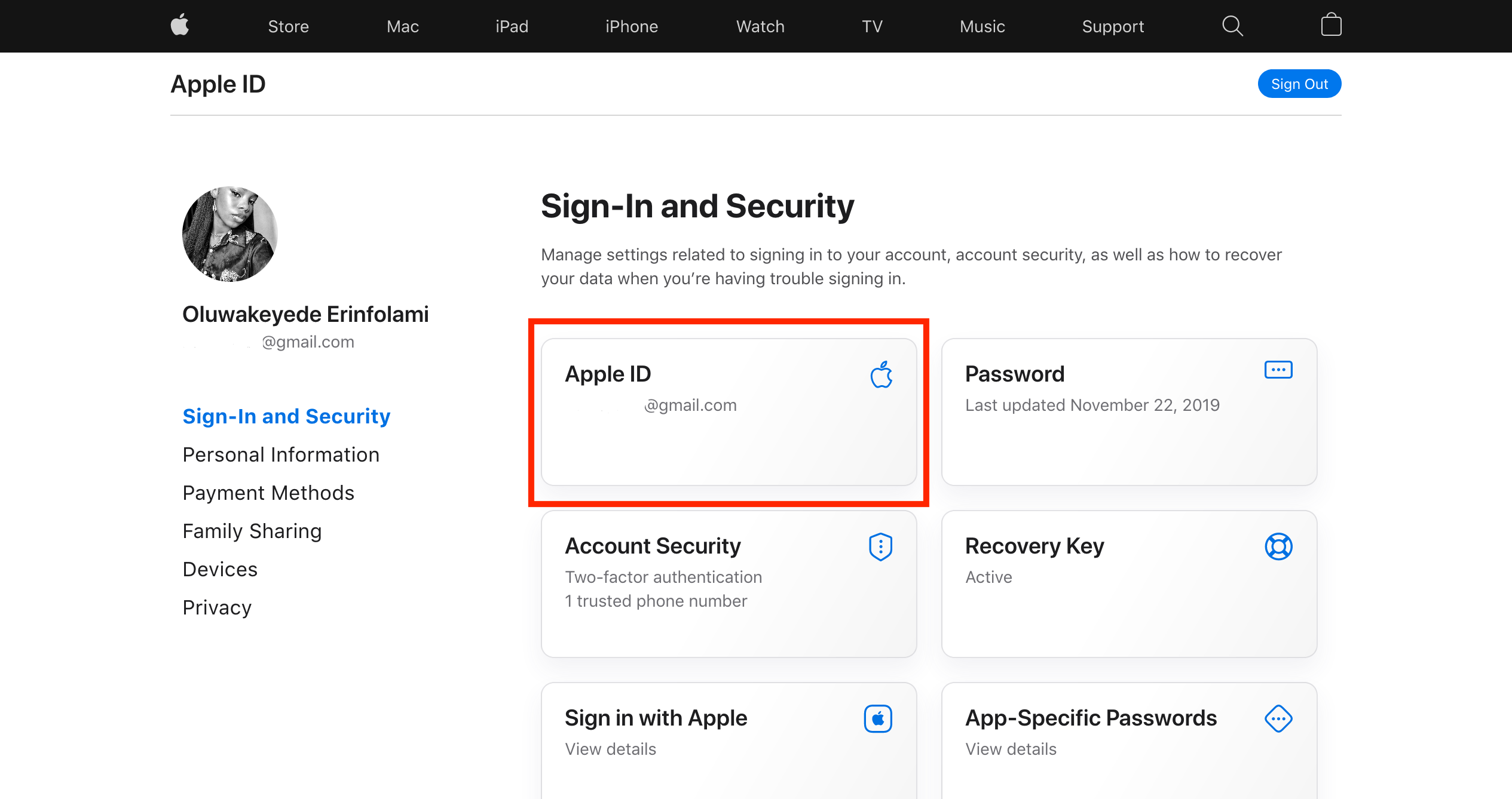 Page de connexion et de sécurité de l'identifiant Apple