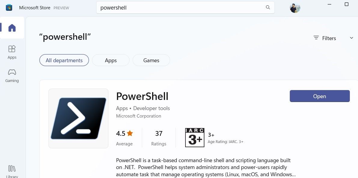 PowerShell sur le Microsoft Store