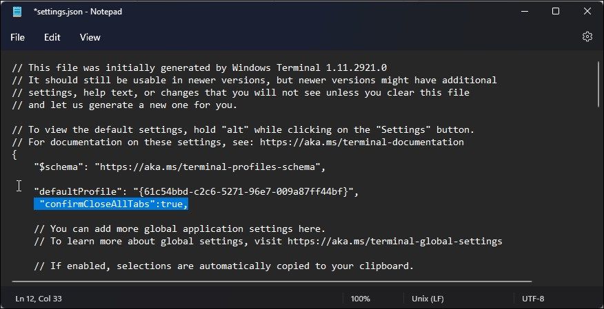 Fichier json des paramètres du terminal Windows activer la boîte de dialogue de confirmation