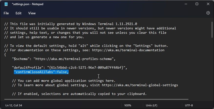 Boîte de dialogue de confirmation de désactivation du fichier json des paramètres du terminal Windows