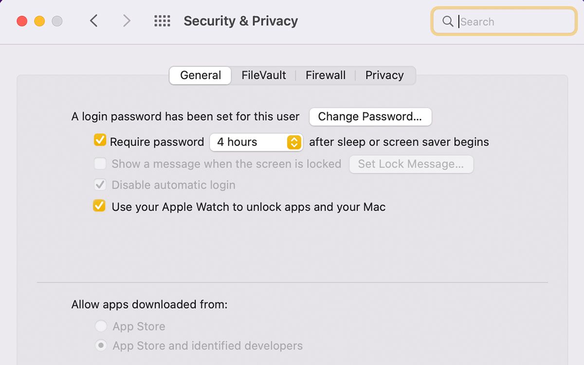 Paramètres de sécurité et de confidentialité sur Mac où les utilisateurs peuvent activer le verrouillage automatique