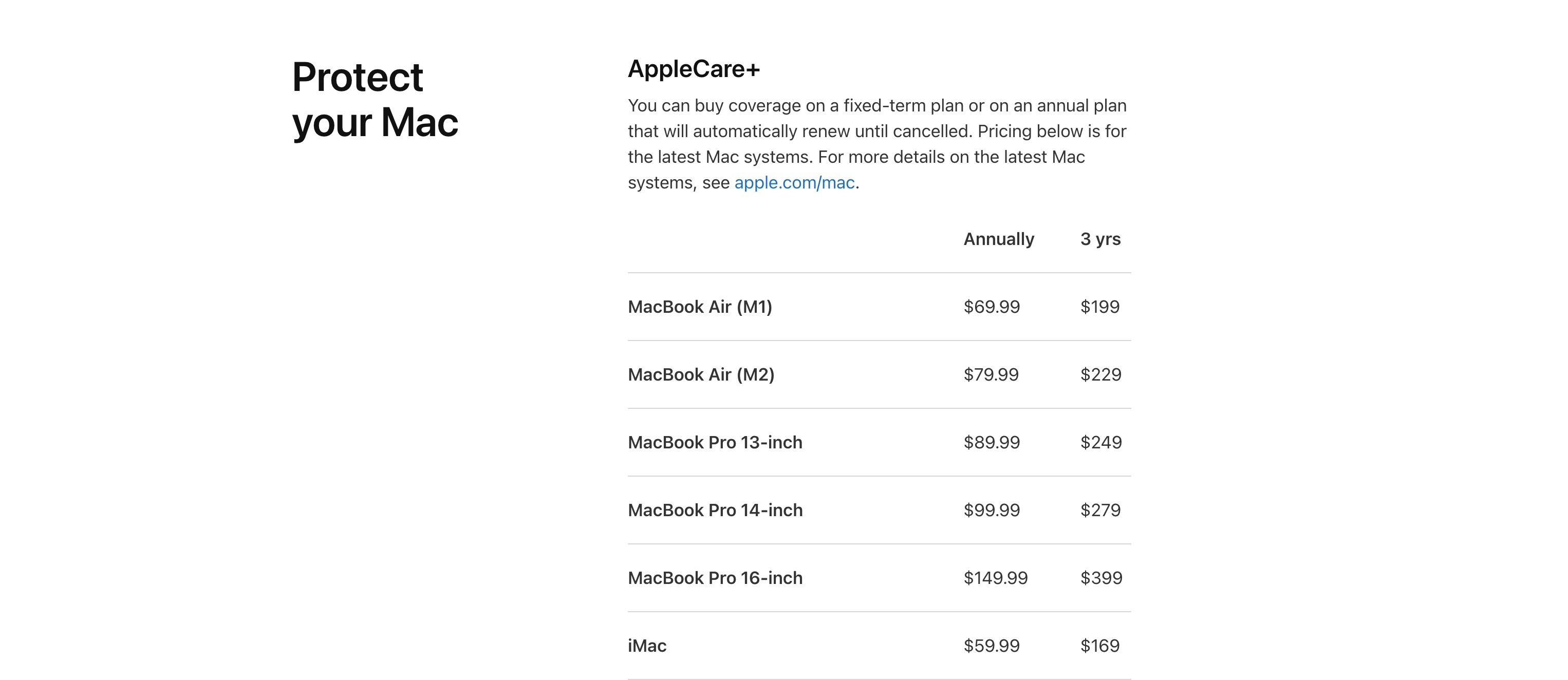 Tarification AppleCare + Mac sur le site Web d'Apple