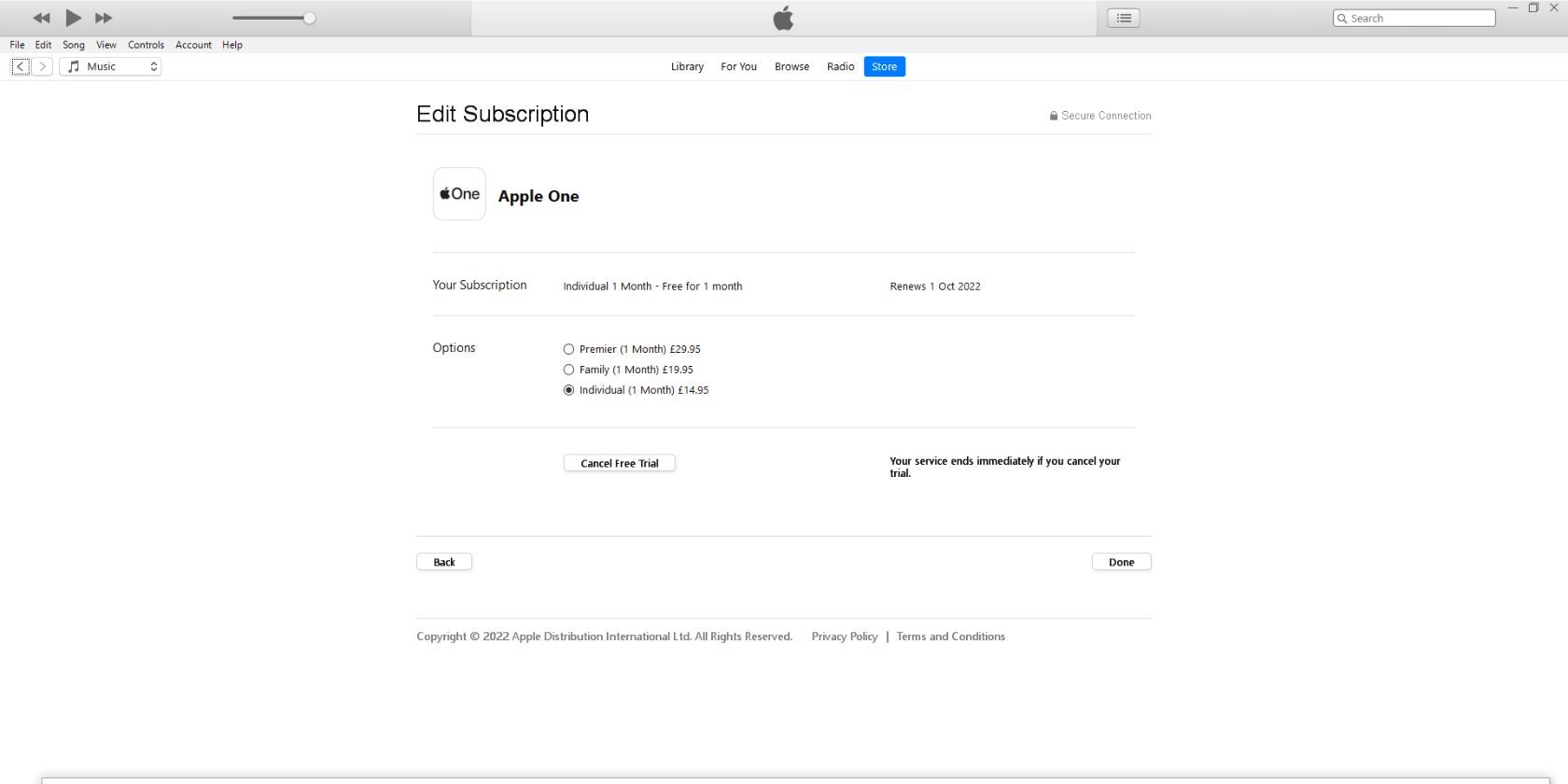 La page Gérer l'abonnement pour Apple One sur l'application iTunes