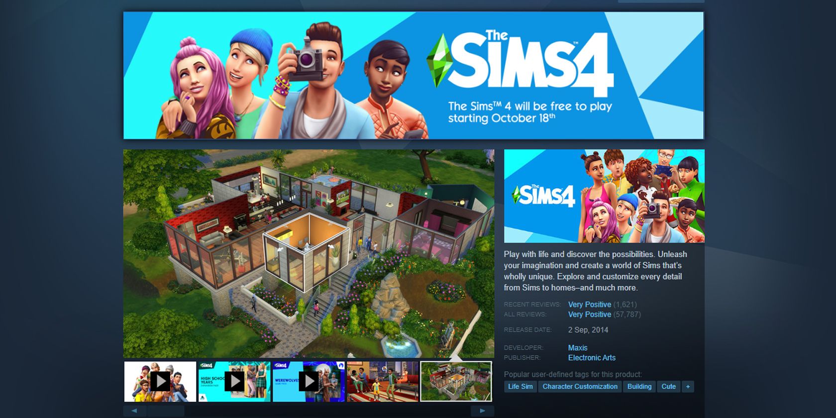capture d'écran de la page Steam des Sims 4