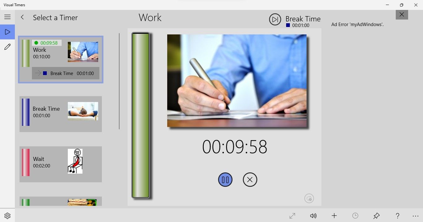 Interface de l'application Visual Timers affichant le compte à rebours pour le travail