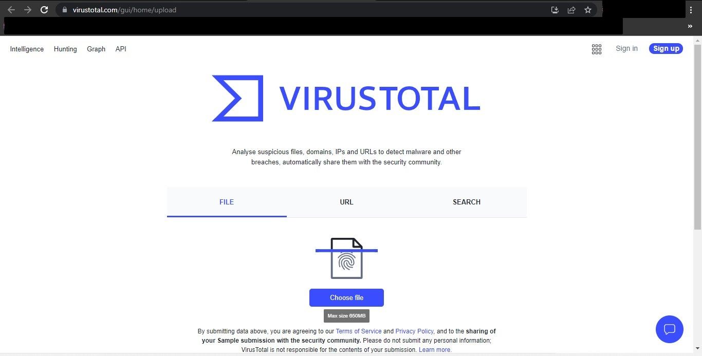 En cliquant sur le bouton Choisir un fichier sur le site Web de Virus Total