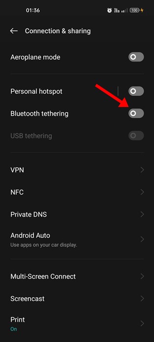 Désactiver le partage de connexion Bluetooth