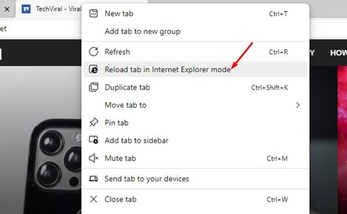 Recharger l'onglet en mode Internet Explorer