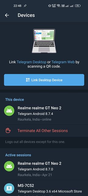 voir tous les appareils que vous avez utilisés pour vous connecter à Telegram