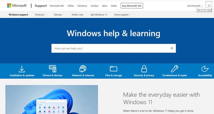 Page Web d'aide et d'apprentissage de Windows