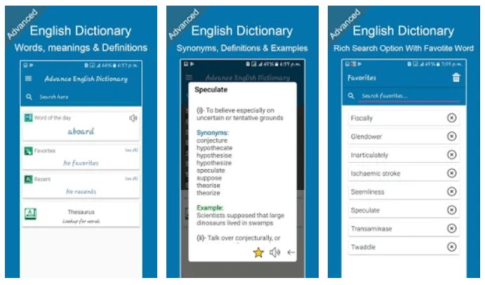 Dictionnaire anglais avancé, significations et définitions par SA Technologies