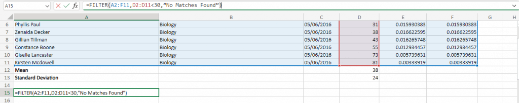 Feuille de calcul Excel avec des exemples de données et la fonction FILTER