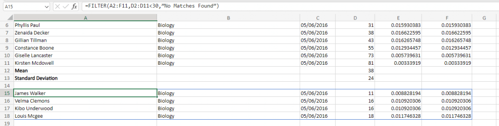 Feuille de calcul Excel avec exemple de fonction FILTRE
