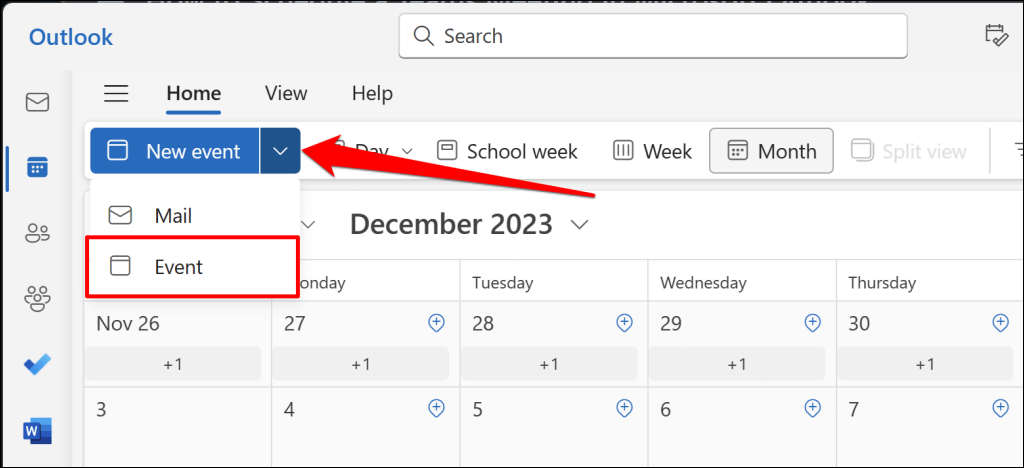 choisissez l'événement à partir du nouveau bouton d'événement dans le calendrier Outlook