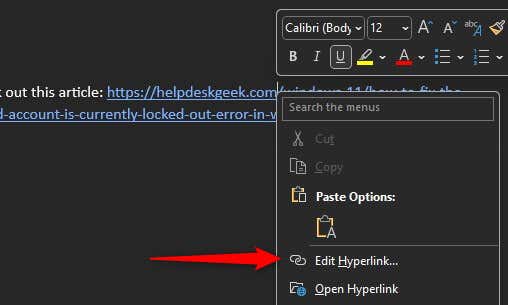 Faites un clic droit sur le lien et choisissez Modifier le lien hypertexte