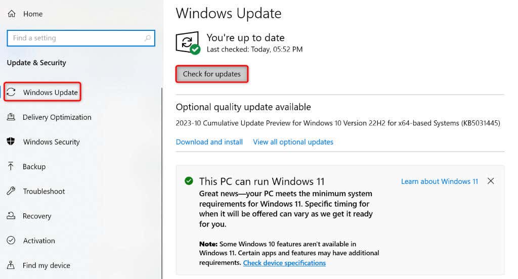 Recherche de mises à jour dans Windows 10